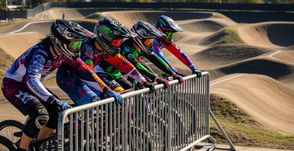 Riders BMX positionnés derrière la grille de départ sur piste officielle