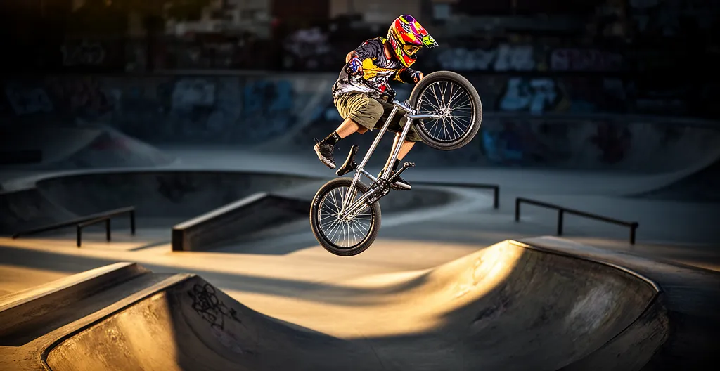 Rider BMX exécutant une rotation aérienne au-dessus d'une rampe de skatepark