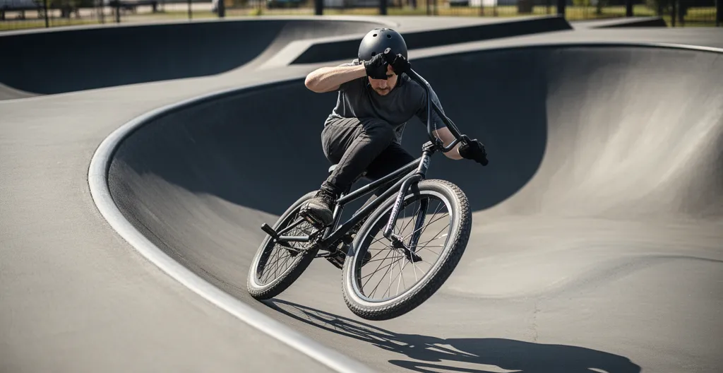 Rider BMX penché dans un virage relevé sur pumptrack asphalté